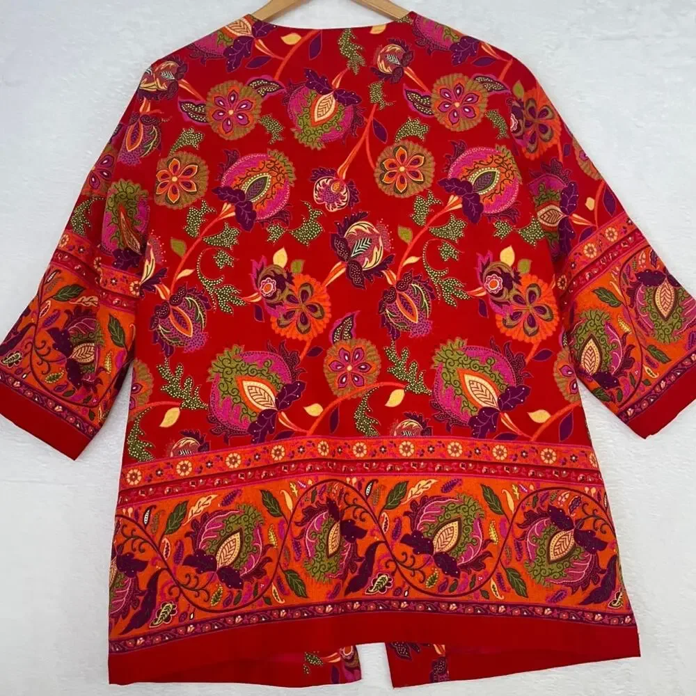 VTG Coldwater Creek Linen Red Bohemian Open Jacket sz Petite L Paisley Southwest - Picture 3 of 7
